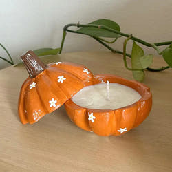Halloween-themed floral pumpkin candle with Sculpd Candle Making Kit
