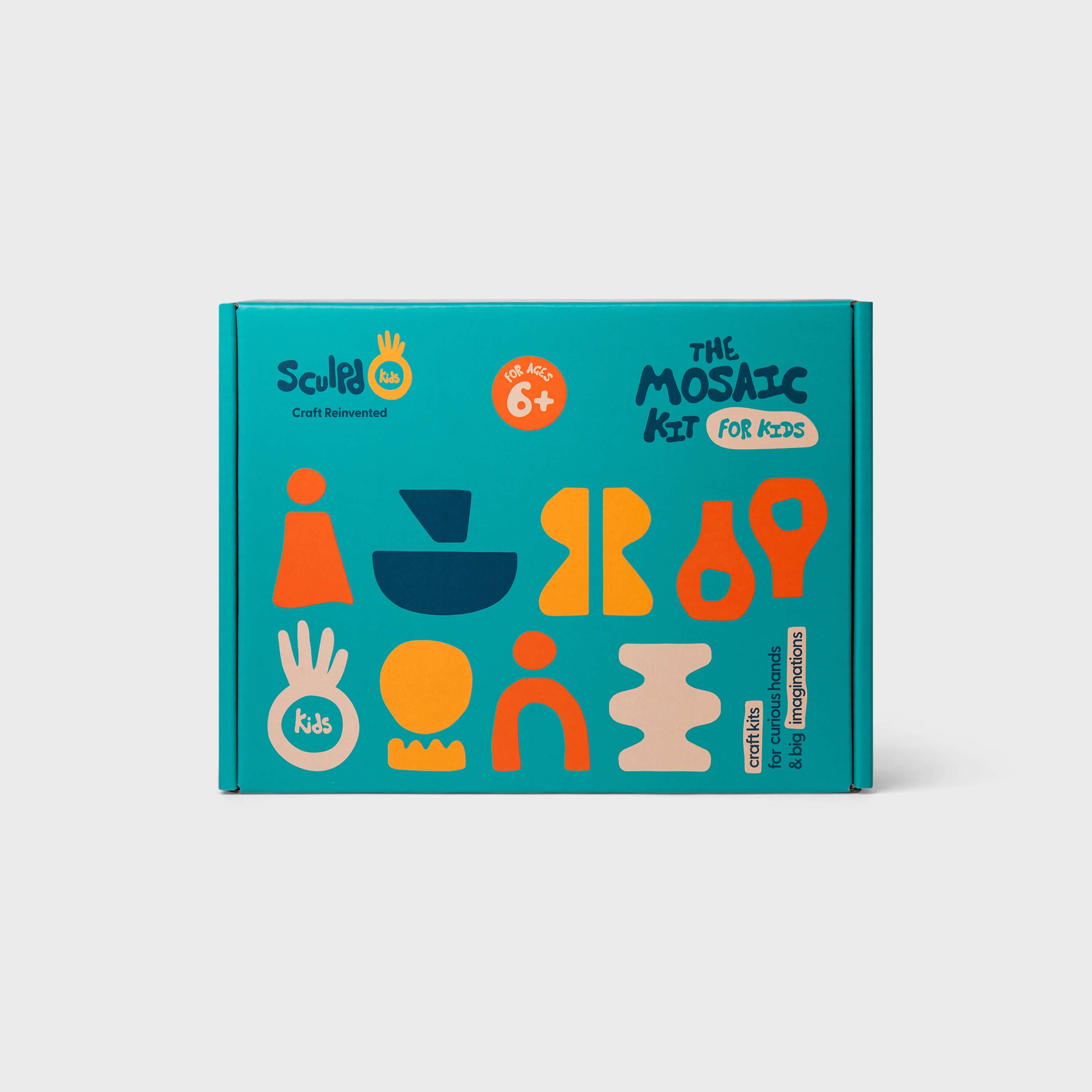 Sculpd Mosaic kit for kids packaging with colorful shapes on a teal background