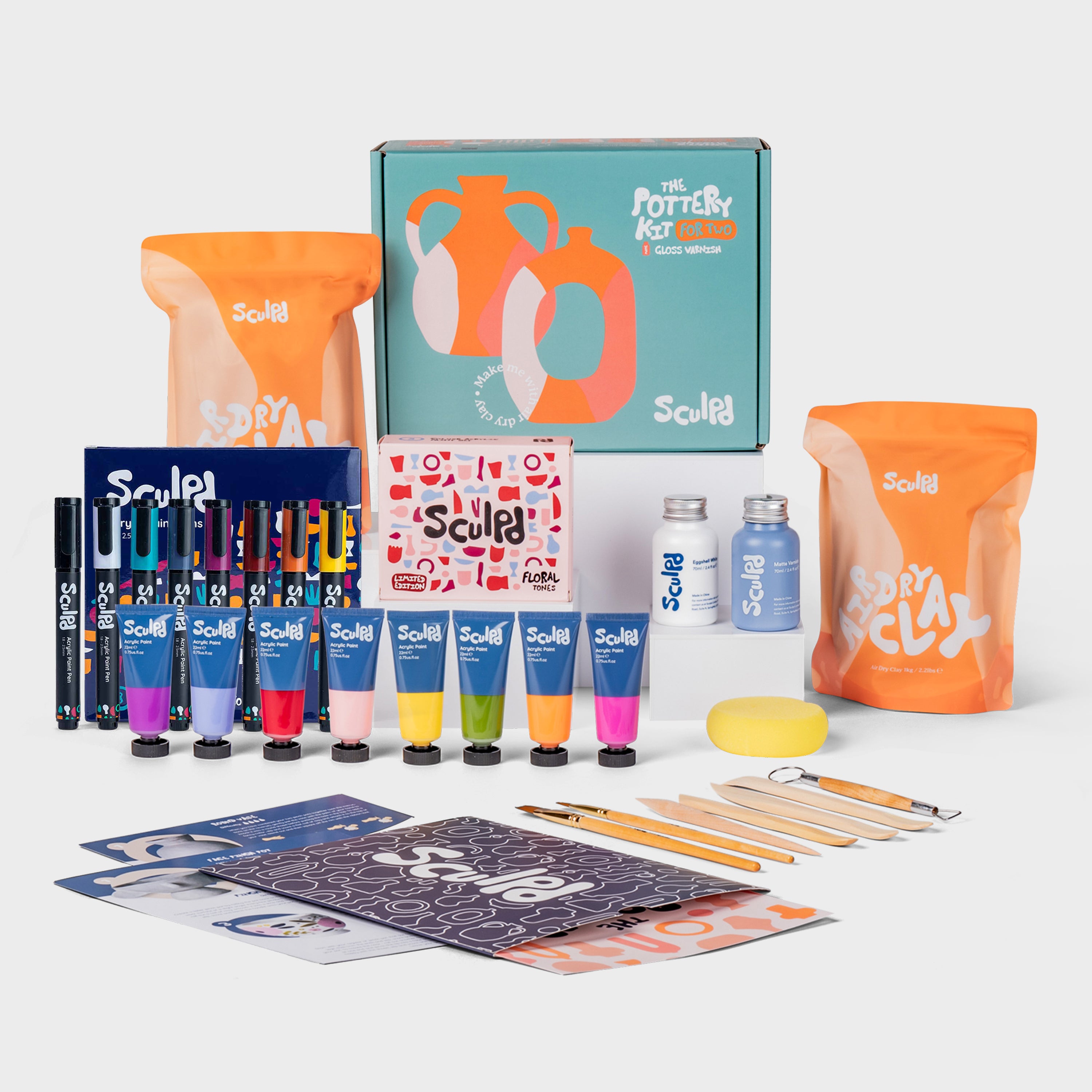 Sculpd pottery kit for two with  Floral paints, and Mediterranean pens